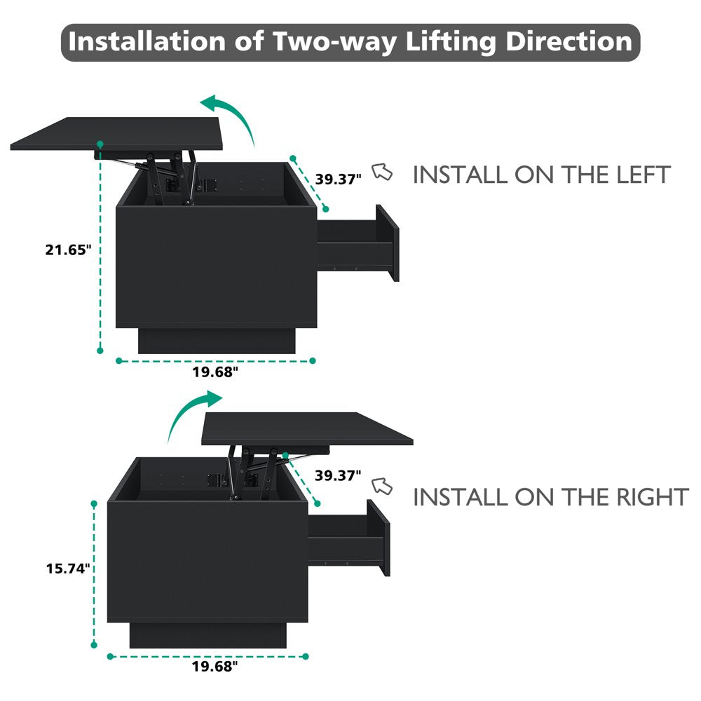 Lift Top Coffee Table with LED 39.4" Modern Rectangle Sofa Side Cocktail Tables Rising Lift up with Hidden Storage Drawer for Living Room