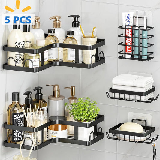 5 PCS Corner Shower Caddy Shower Organizer, 2 Tier Self-Adhesive Bathroom Organizer Shower Caddy Basketwith Soap & Toothbrush Holder, Wall Mounted Rustproof Stainless Steel Shower Rack