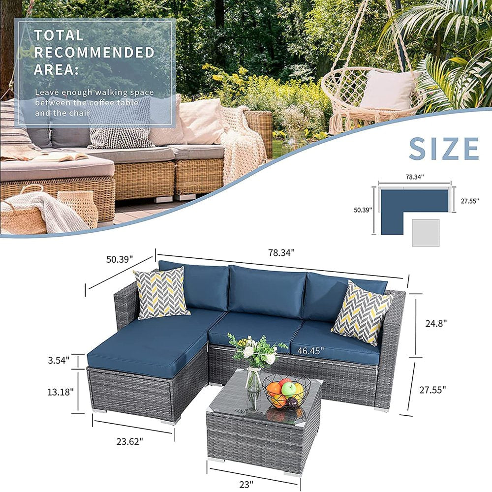 3 Piece Aegean Blue Outdoor Furniture Sectional Sofa Patio Set Silver Gray Rattan Wicker