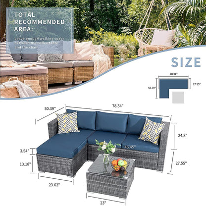 3 Piece Aegean Blue Outdoor Furniture Sectional Sofa Patio Set Silver Gray Rattan Wicker