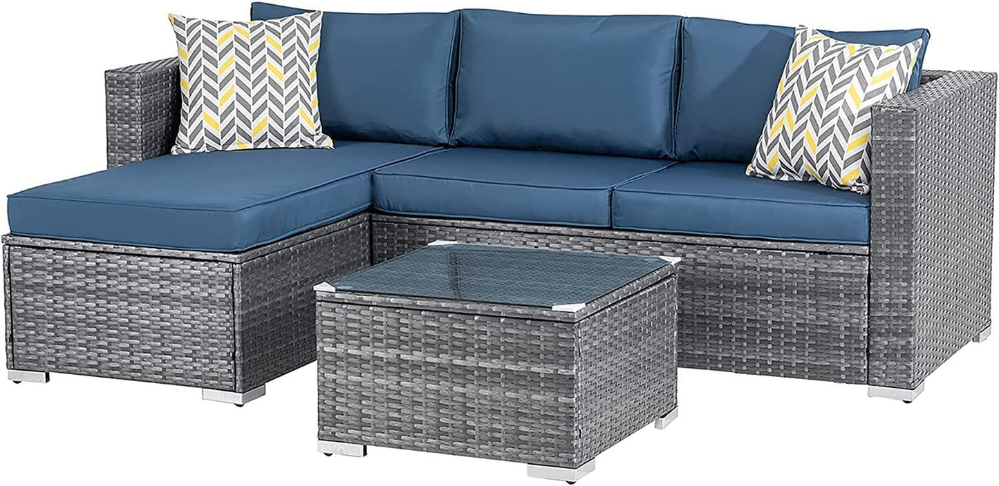 3 Piece Aegean Blue Outdoor Furniture Sectional Sofa Patio Set Silver Gray Rattan Wicker