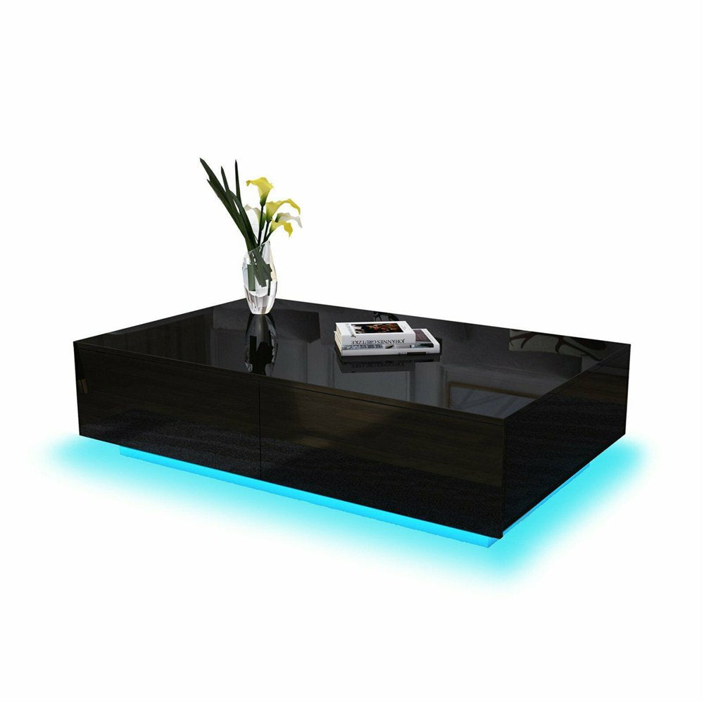 Hommpa Coffee Table with 4 Drawers LED Center Table Sofa Side Tea Tables Black High Gloss Finish