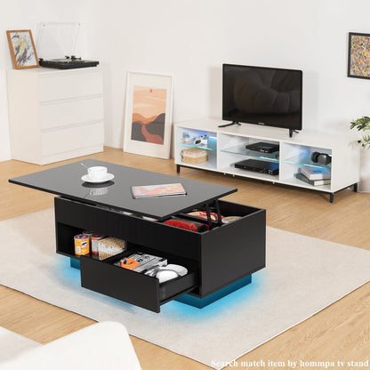 Lift Top Coffee Table with LED 39.4" Modern Rectangle Sofa Side Cocktail Tables Rising Lift up with Hidden Storage Drawer for Living Room