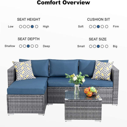 3 Piece Aegean Blue Outdoor Furniture Sectional Sofa Patio Set Silver Gray Rattan Wicker