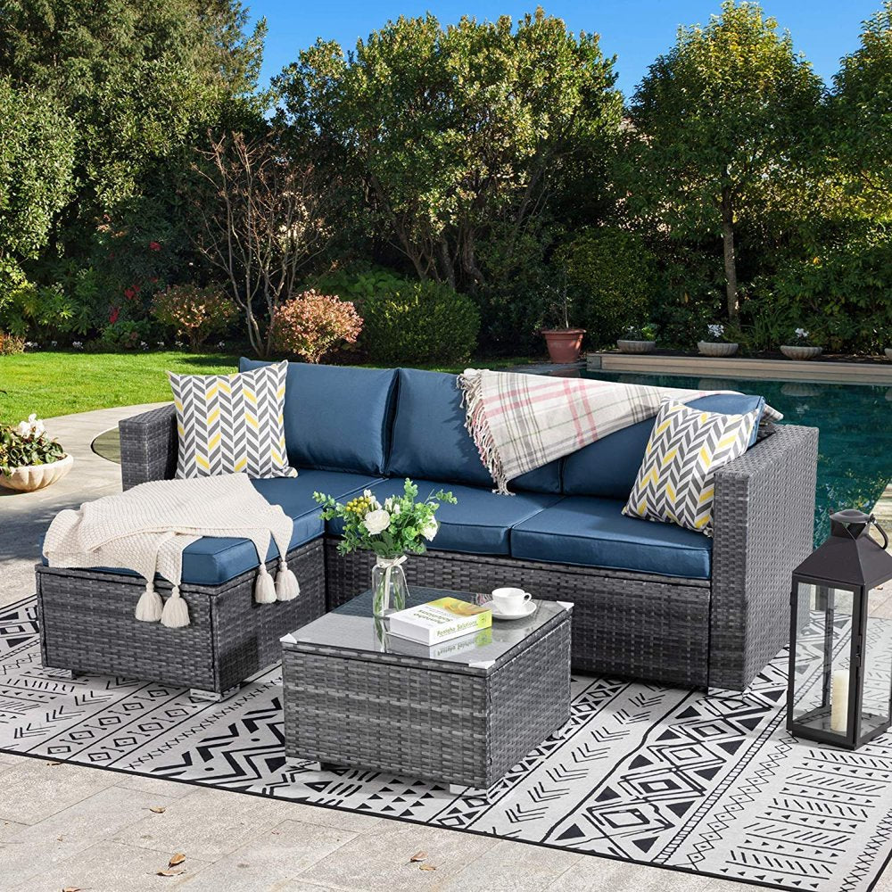 3 Piece Aegean Blue Outdoor Furniture Sectional Sofa Patio Set Silver Gray Rattan Wicker