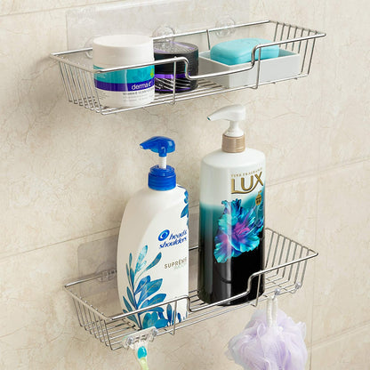 Adhesive Shower Caddy Bathroom Shelf Storage with Hooks for Shampoo Conditioner Holder Kitchen Organizer Basket, No Drilling Wall Mounted, Rustproof Stainless Steel